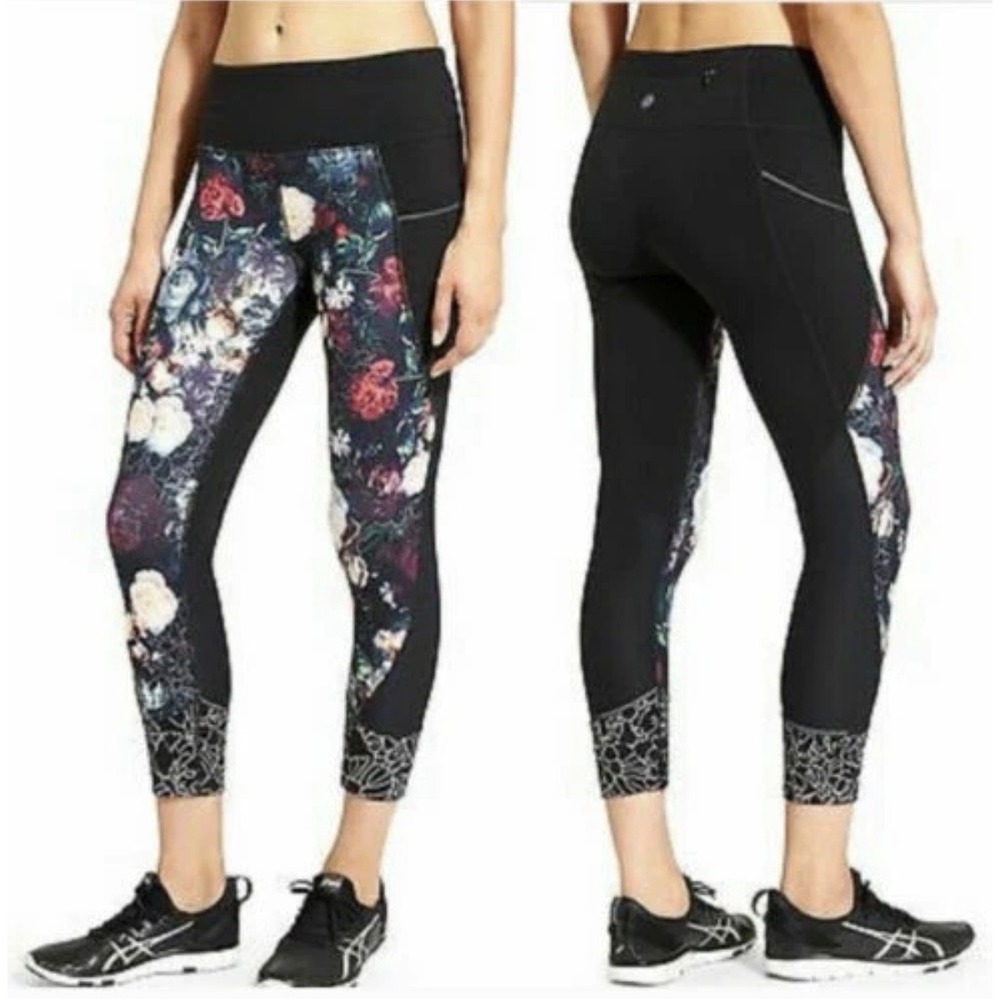 Athleta Orchid Relay 2.0 Capri Leggings M Floral Print High Rise Black Multi